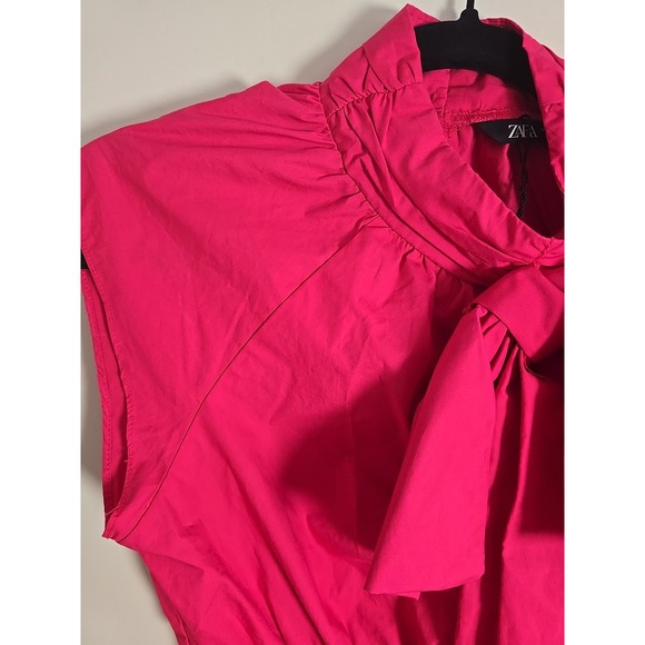 ZARA Fuchsia Pink Bow Poplin Top XS Sleeveless Statement Blouse Fitted Chic - Picture 6 of 11